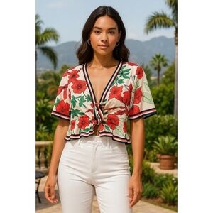 Akira Shirt Large White Floral Boho Tie Up Flutter‎ Sleeve Coquette Cottage Chic